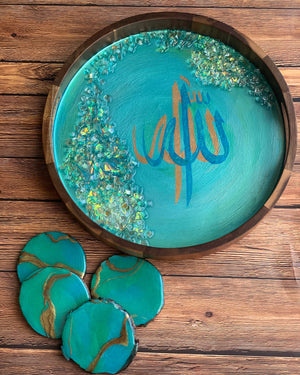 Calligraphy Acacia Resin Tray with Coasters- Islamic Art
