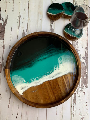 Emerald Island Acacia Wooden Tray with Set of 4 Coasters