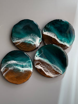 EMERALD ISLAND Acacia Wood Resin Tray with Set of 4 Matching Coasters
