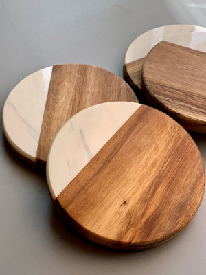 Acacia Wood Marble Coasters: Set of 4