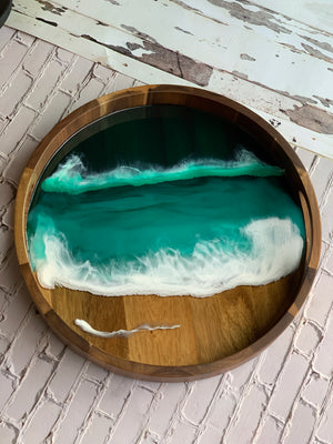 Emerald Seascape Acacia Resin Tray- Custom Order