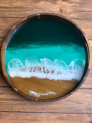 Acacia Wooden Emerald Seascape Tray 16"